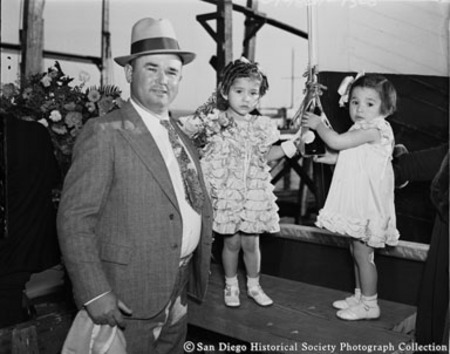 Pete San Filippo with daughters Rose Marie and Rosie at launching of tuna boat Rose Marie