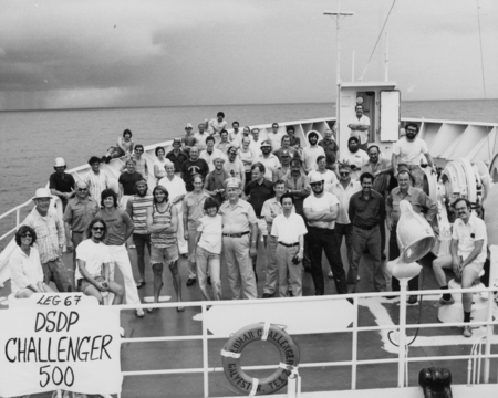 Scientists, technicians and members of the ship&#39;s crew on the D/V Glomar Challenger (ship) during Leg 67 of the Deep Sea D...