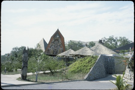 Papua New Guinea National Museum and Art Gallery: entrance with large sculpture and haus tambaran-style facade