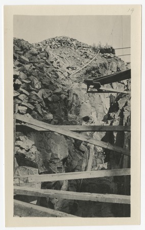 Bedrock trench with wood supports at Lake Hodges Dam construction site