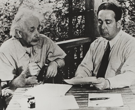 Leo Szilard with Albert Einstein writing letter to President Roosevelt - Re-enactment