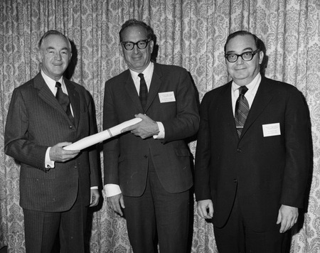 William A. Nierenberg (center) being appointed chairman of the National Advisory Committee on Oceans and Atmosphere, with ...
