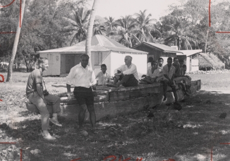 Edward Crisp Bullard (in middle, white shirt) Vanua Lava. Nova Expedition, July 1967