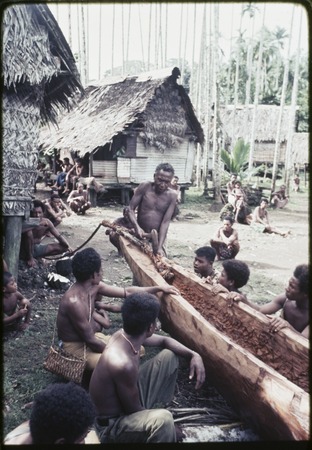 Canoe-building: man (center) says a spell while cutting vine rope from the hollowed out log
