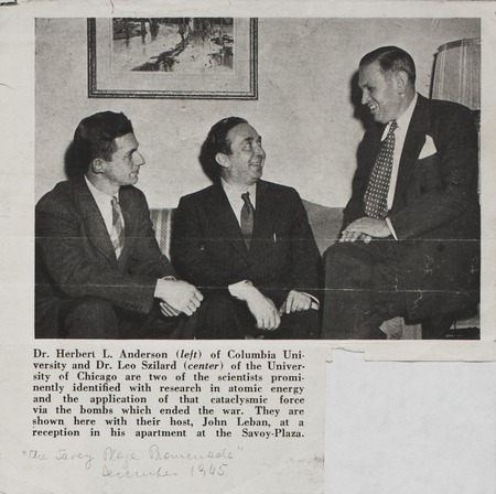 Leo Szilard, Herbert L. Anderson and John Leban meeting at a reception
