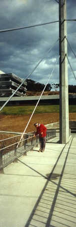 Walter Munk on the Scripps Crossing footbridge, Scripps Institution of Oceanography campus