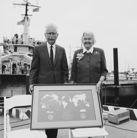 Marston and Peter Sargent at the dedication of R/V Melville, Scripps Institution of Oceanography