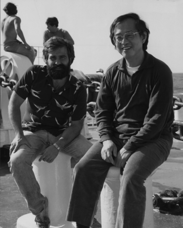 Left to right, Co-Chief Scientists John LaBrecque and Ken Hsu on aboard D/V Glomar challenger (ship) during Leg 73 of the ...