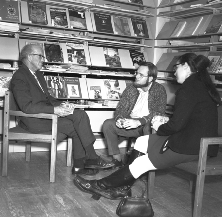 Russel W. Raitt (left) and two unidentified people at Library dedication, UC San Diego
