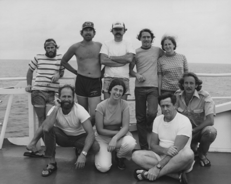 Marine technicians on board the D/V Glomar Challenger (ship) during Leg 70 of the Deep Sea Drilling Project. 1979.