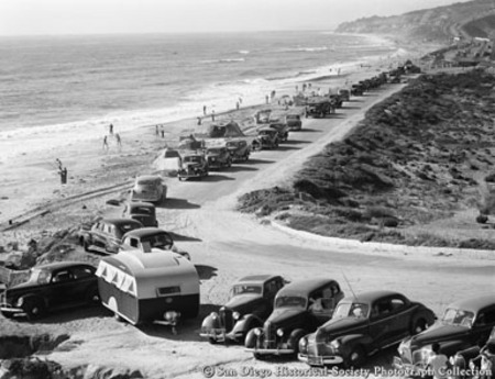 Automobiles and campers along Torrey Pines Beach