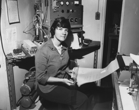 Jean K. Whelan, a geochemist from Woods Hole Oceanographic Institution, Massachusetts, reads a graph from the gas chromato...