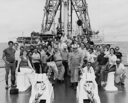 The entire science crew poses on D/V Glomar Challenger&#39;s (ship) forward deck during Leg 69 of the Deep Sea Drilling Projec...