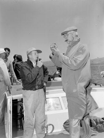 Marine biologists Joel Walker Hedgpeth (left) and Raymond C. Osborne (right) of Pacific Marine Station, Dillons Beach, Cal...