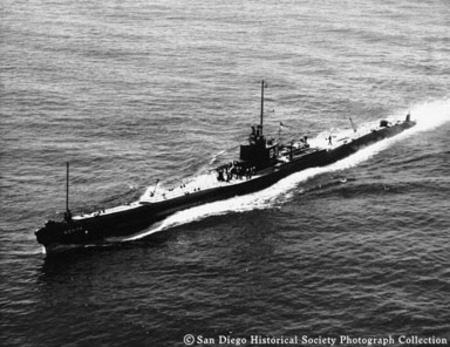 Aerial view of submarine USS Bonita at sea