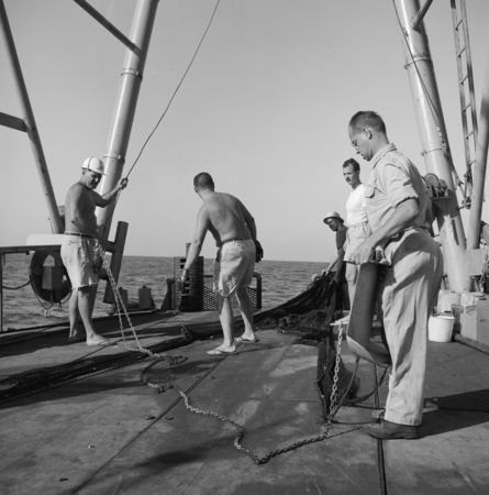 Frederick S. Dixon, George G. Shor and others deploying trawl. Onboard R/V Spencer F. Baird, during Vermilion Sea Expediti...