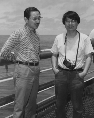 Japanese oceanographers Hideo Kagami, who served as the Co-Chief Scientist, and Kantaro Fujioka on the cat walk of the D/V...