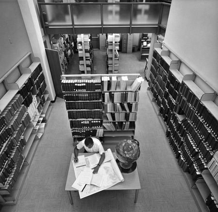 Charles F. Phleger in library, Scripps Institution of Oceanography
