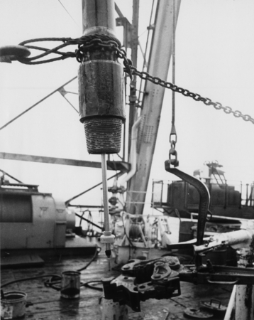 Figure Nine: Raising D.H.I. And core barrel into pipe above joint to protect D.H.I. Probe while aligning tool joints