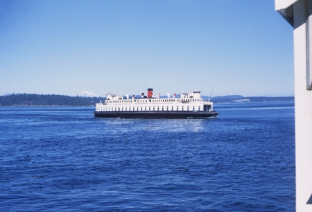 Ferry &quot;Klickitat&quot; and Mount Baker from Cantilever Pier at Friday Harbor. August 1, 1950
