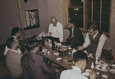 Banquet honoring combined scientific personnel; clockwise from center, Victor Vacquier, Eli Silver, John Sclater, unknown,...