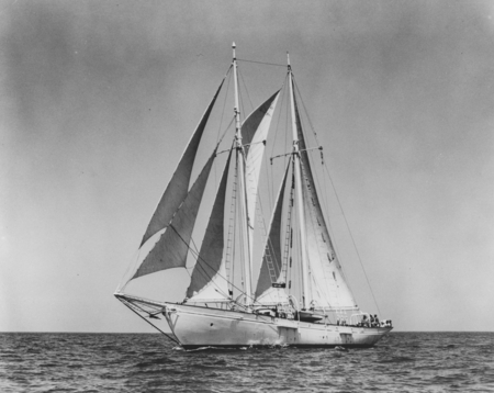 The Schooner DWYN WEN under full sail during it&#39;s South Pacific expedition to study the quivering sea floor. Circa 1963