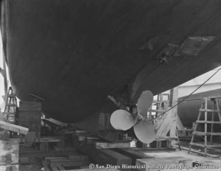 Damaged tuna boat in dry dock at Campbell Machine Company, San Diego