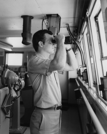 Phillip Drumheller of Global Marine, Inc. on the bridge of the D/V Glomar Challenger (ship), during Leg 66 of the Deep Sea...