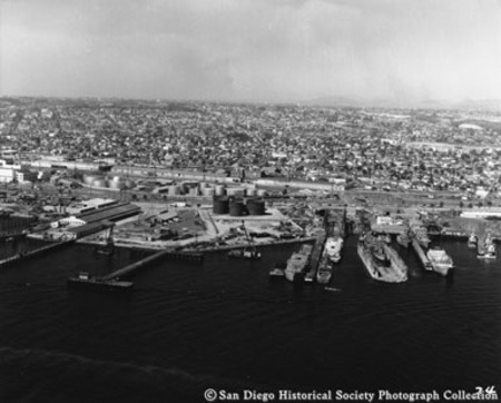 Aerial view of National Steel and Shipbuilding Company, San Diego harbor