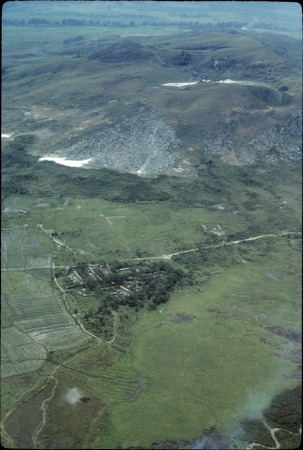 Balim Valley, aerial view of gardens and settlement, snow