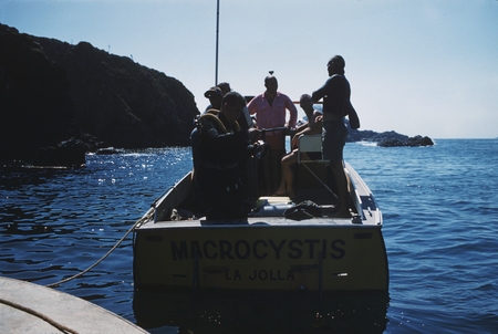 Macrocystis&#39; boat with scuba divers in Papalote Bay, Punta Banda, Baja California, Mexico