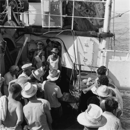 Palmerston Island locals aboard research ship during stopover, Cook Islands