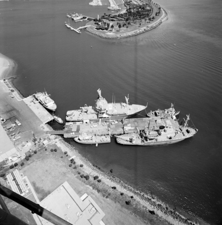 Aerial view of the Chester W. Nimitz Marine Facility and Scripps Institution of Oceanography fleet, Point Loma, San Diego,...