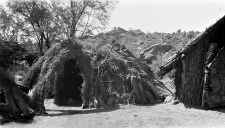Front view of a Kiliwa house (wa&#39;), of the original primitive type, made of weeds, boughs, and yucca trunks lashed to a fr...