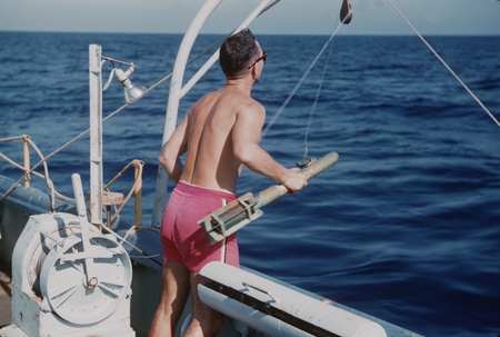 Jan B. Lawson of the Scripps Institution of Oceanography&#39;s Swan Song Expedition (1961) is shown here launching the bathyth...