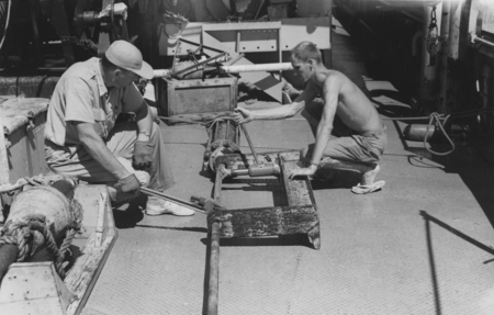James Snodgrass and Arthur E. Maxwell with bottom temperature probe, MidPac Expedition, 1950