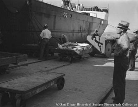 Loading tuna on to cargo ship, San Diego harbor
