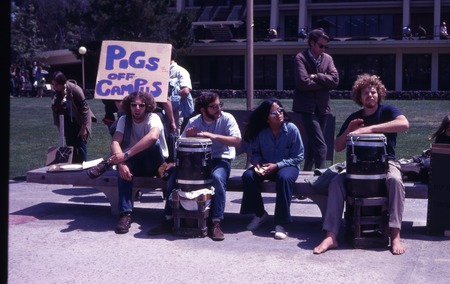 Sign &quot;Pigs off campus&quot; on Revelle Plaza, UC San Diego