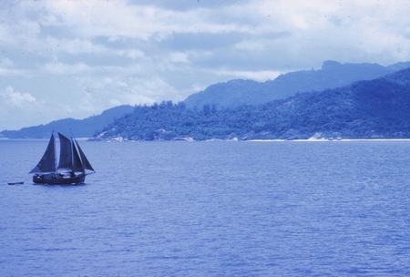 Seychelles, 1971 [Sailboat in Harbor]