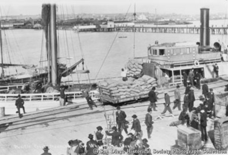 Waterfront activity at Pacific Coast Steamship Company wharf