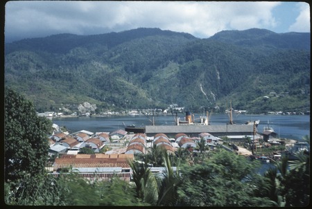 Jayapura quonset huts, with harbor and moutains in distance