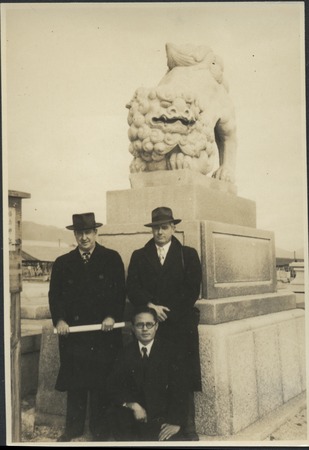 Claude M. Adams (standing on the right) during his visit to Hiroshima, Japan, 1946