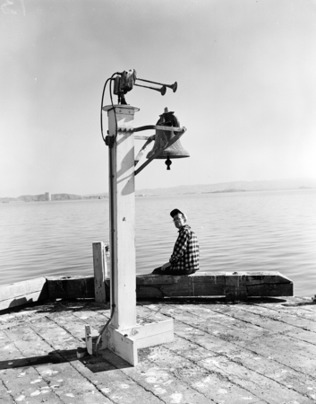 Foghorn and bell, view toward Richmond on Angel Island, San Francisco Bay, California, circa 1950
