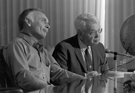 Albert Engel (left) and Harold Urey (right), moon rock research press conference table, UC San Diego