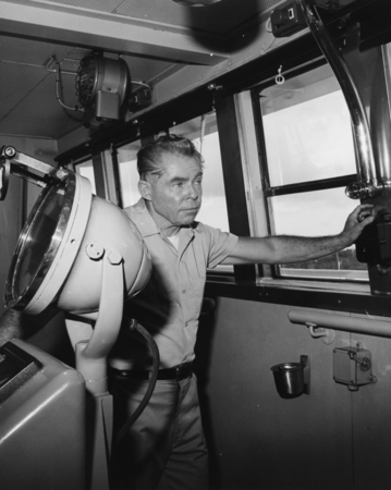 A view from the Bridge - Captain Joe Clarke, one of the D/V Glomar challenger&#39;s two skippers, looks forward from the bridg...