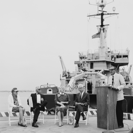 William A. Nierenberg (at podium), Marston Cleaves Sargent, Grace &#39;Peter&#39; Tomkins Sargent, and Captain Noel L. Ferris at d...