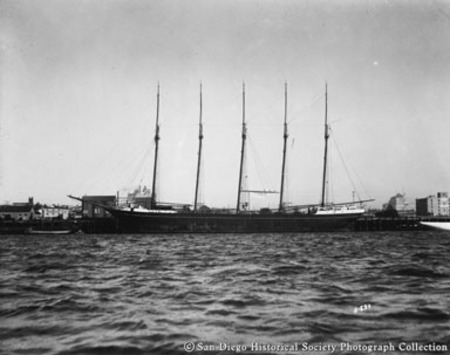 Five-masted ship, San Diego harbor