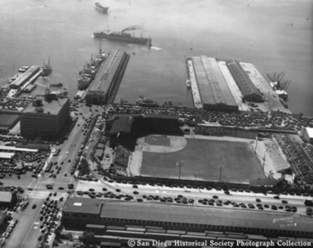 Aerial view of San Diego harbor showing Lane Field, Broadway, B Street, and Navy piers
