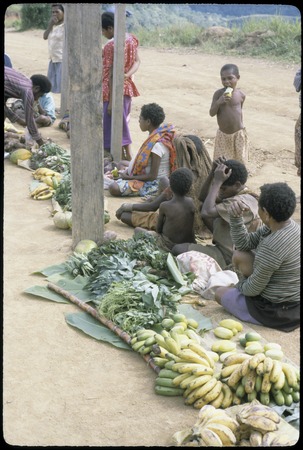 Tabibuga: people selling sugarcane, bananas, greens and other garden produce at market