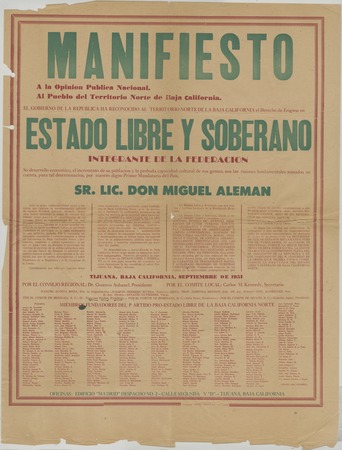 Manifiesto a la opinion pública nacional. Al pubelo del Territorio Norte de la Baja California : El gobierno de la repúbli...